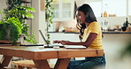 Woman, laptop and typing in home for remote work, research and connectivity on smartphone. Freelance editor, tech and online in living room for creative writing, proofreading and article development