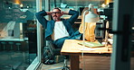 Night, man and thinking in office with relax, business and pleased with deadline extension. Working late, mature professional or stretching at window with reflection, stress relief or time management