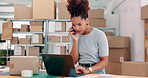 Business woman, laptop or logistics with phone call for schedule delivery, online order or inventory at storage. Female person, employee or distributor talking on mobile smartphone for distribution