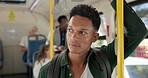 Man, student and transport on bus with thinking on urban commute to university for learning in city. Person, vehicle and passenger on ride with backpack, traffic and reflection by window in morning