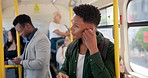 Man, student and earphones for travel in bus for music, streaming and listening to audio on trip to college. Person, sound and subscription with public transport services for ride to university