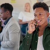 Man, student and happy with phone call, bus and travel with backpack ...