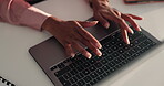 Above, person and hands with laptop for research, finance report and typing for investment portfolio. Office, employee and financial advisor with digital for corporate business, information and email