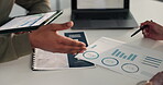 Tablet, hands or people with charts or paperwork for sales graphs or statistics in business meeting. Numbers. Planning, financial analysts or teamwork for report, economy growth or documents review
