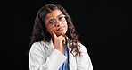 Thinking, doctor and face of child in studio for future, medical career and job on black background. Education, knowledge and portrait of girl with ideas, brainstorming and solution for healthcare