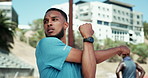 Athlete, man and stretching with fitness at stadium for exercise, training and workout of competition. Active person, thinking and muscle warm up with sports challenge, running practice and wellness