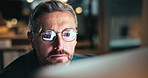 Man, night and computer reflection in glasses, chief financial officer and online for statistics. Budget, review and digital graphs for expenses report in workplace, investment feedback and website
