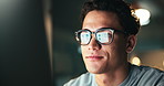 Serious, night and man with computer, reflection and testing of software for bugs, charts or online. Overtime, programmer and person with overlay on glasses, working late and coding for new features