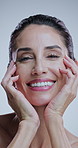 Hands, skincare and mature woman in studio for anti aging cosmetics, results and face transformation. Dermatology, salon and portrait of person for facial, wellness and texture on white background