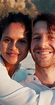 Beach, couple and face with hug on vacation, travel holiday and adventure for valentines day. Seaside, man and woman with love embrace for relationship, bonding and memory in portrait for anniversary