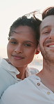 Holiday, couple and face with hug on beach, travel vacation and memory for valentines day. Ocean, man and woman with love embrace for relationship, bonding and adventure in portrait for anniversary