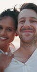 Travel, couple and face with hug on beach, holiday vacation and memory for valentines day. Sunset, man and woman with love embrace for relationship, bonding and adventure in portrait for anniversary