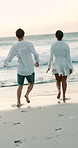 Holding hands, running or back of couple at beach for valentines day or love in interracial relationship. Sea, vacation or people bonding on holiday for romantic honeymoon, embrace and travel date