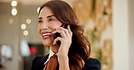 Happy woman, travel agent or talking with phone call for communication or conversation at agency. Female person, employee or reservation consultant with smile on mobile smartphone for trip discussion