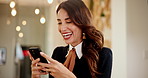 Happy woman, travel agent and laughing with phone for funny joke, communication or social media at agency. Female person, employee or reservation consultant with smile on mobile smartphone for app