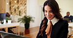 Business, smile and woman in office, laptop and connection with research for article. Reporter, person and employee in workplace, journalist and editor for magazine, positive feedback and review