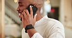 Phone call, creative and man in office, happy and planning for project with contact or web designer. Smile, talking and communication for visual design, consulting and person with mobile for business