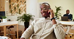 Phone call, creative and man in office, conversation and planning for project with contact or web designer. Business, talking and communication for visual design, consulting and person with mobile