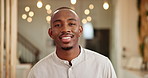Worker, face and man with smile in hotel for front desk assistance, friendly concierge or reception. Hospitality industry, lobby and black person at lodge for luxury accommodation or check in service
