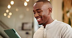 Office, black man and smile with tablet for web designer, software update and scroll for information. Business, research and ux developer with tech for seo tools, trends or review for creative agency