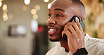 Phone call, creative and man in office, talking and smile for project with contact or web designer. Planning, happy and communication for visual design, consulting and person with mobile for business