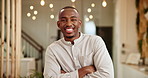 Face, business and man in office, arms crossed and smile with confident person. Portrait, happy professional and employee in workplace, pride and media company with copywriting, publisher and editor