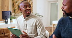 Meeting, office and mentor with man on tablet for article feedback, writing advice and review. Publishing, digital magazine agency and editor with writer on tech for project, article or collaboration