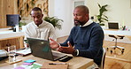 Meeting, office and manager with man on laptop for article feedback, writing advice and review. Publishing, magazine agency and editor with writer on computer for project, articles and collaboration