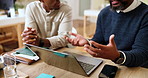 Meeting, office and hands of people on laptop for article feedback, writing advice and review. Publishing, magazine agency and editor and writer on computer for project, news column and collaboration