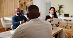 Business people, job interview and meeting for recruitment, back and questions. Group, employees and manager with candidate, cv and contract with negotiations for salary, onboarding or hiring process