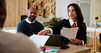 Business people, interview and meeting for recruitment, hr and questions with contract. Group, employees and manager with candidate, cv and documents with negotiations for salary and onboarding