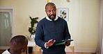 Speaker, office and business man with tablet for meeting, discussion and project feedback to workers. Creative agency, manager and boss on digital tech talking for agenda, strategy and planning