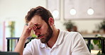 Stress, frustrated and business man on laptop with problem, bad news and burnout for work crisis. Professional, coffee shop and person with worry for financial mistake, online failure and deadline