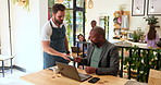 Coffee shop, people and credit card on machine for payment with digital transaction, financial service and POS. Businessman, waiter and smile with easy tap in cafe for fintech, RFID and beverage bill