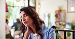 Business, neck pain and woman in office, injury and overworked with muscle tension. Person, employee and consultant in workplace, burnout and tired with fatigue, exhausted or inflammation with stress