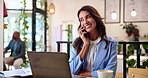 Laptop, phone call and business woman in coffee shop for contact, communication and remote working. Cafeteria, consultant and person on smartphone for networking, planning meeting and discussion