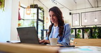Finance, businesswoman and typing with laptop in cafe, bookkeeping and investment information. Coffee shop, female person and mature accountant with smile for auditing, financial research and report