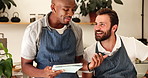 Cafe, colleagues and men with tablet, talking and planning for new menu, laughing and collaboration. Discussion, waiter and people with tech in coffee shop, hospitality and teamwork in small business
