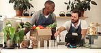 Cans, sorting and men with produce, donations and inventory for sustainable cafe business. Teamwork, box and NGO with food distribution and volunteer project at community humanitarian coffee shop