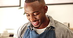 Online order, smile and tablet with black man in coffee shop for booking or management of startup. Ecommerce, internet and seating plan with happy barista reading checklist in cafe or restaurant