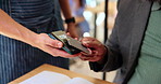POS, hands or credit card on machine for payment with contactless transaction or banking purchase in cafe. People, waiter or customer with tap service in coffee shop for digital sale, fintech or RFID