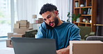 Man, talk and phone call with laptop for logistics management, planning and distribution services. Person, mobile and communication of ecommerce with stock quote, delivery invoice and startup chat