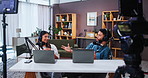 Happy people, talkshow and podcast with laptop for broadcast, live recording or online stream at home. Man, woman or influencers with technology for social media channel, radio entertainment or audio