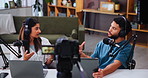 Podcast, talk show or couple with mic for broadcast, live recording or online streaming in home studio. News, relationship coach or influencer with advice for marriage channel, radio or audio message