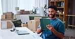 Box, tablet and startup with man in living room of home for freelance delivery or distribution. Laptop, logistics and small business with happy supply chain entrepreneur in apartment for remote work