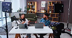 Happy people, broadcast and studio recording with laptop for online streaming or talk show at home. Man, woman or influencers with technology for social media channel, radio entertainment or audio