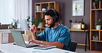 Online business, boxes and man with headphones, laptop and preparing for order on digital store and sales. Logistics, entrepreneur and person with tech for distribution, smile and listening to music