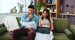 Home, documents and couple with laptop for budget solution, savings and financial planning together. Man, woman and paperwork for mortgage discussion on computer, bill invoice or asset management
