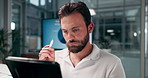 Finance, thinking and businessman on tablet for charts, economic news or investment growth. Graphs data, problem solving or financial analyst on technology for accounting research and audit review