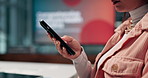 Woman, hands and browsing with phone at office for social media, network or testing UI. Closeup, female person or creative designer with mobile smartphone for UX, new app or development at workplace